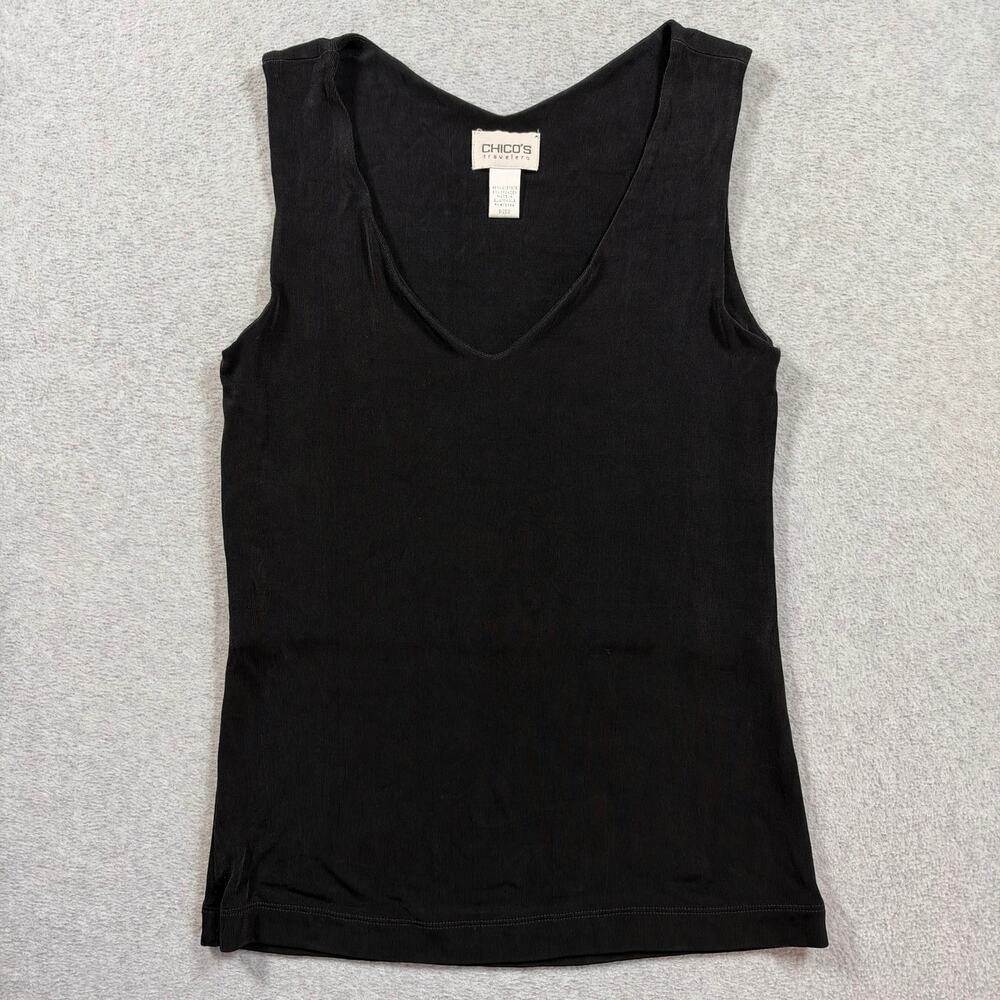Chicos Travelers Tank Top Size 0/Small Black V Neck Sleeveless Casual Ribbed
